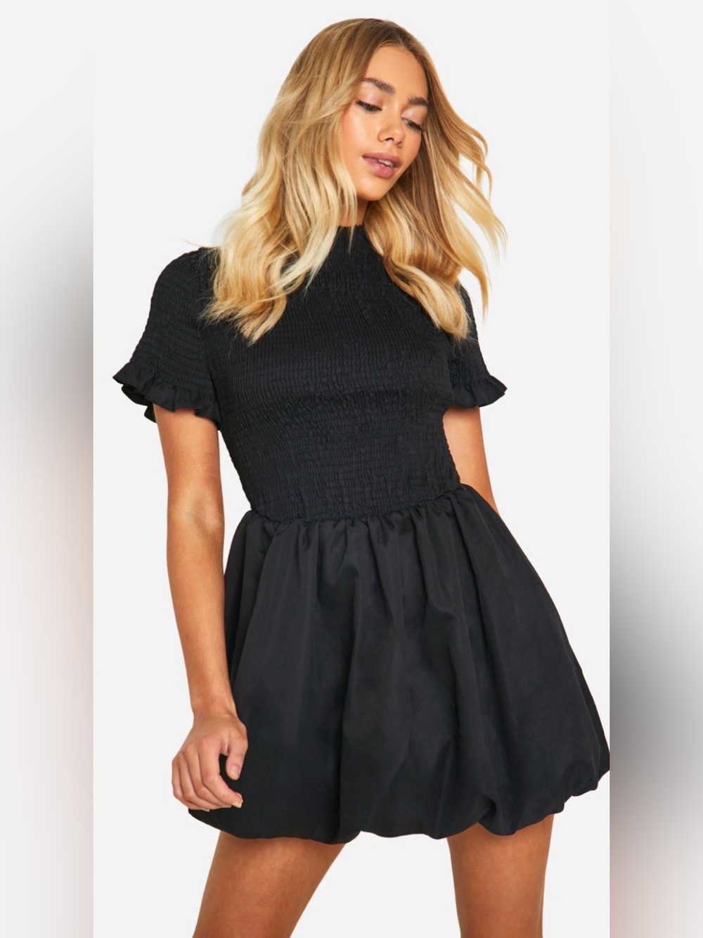 Boohoo Black Smocked Bodice Mini Dress with Ruffle Sleeves and Gathered Skirt